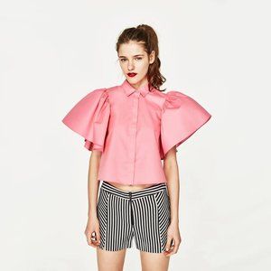 NWOT Zara bubblegum pink open back statement puff sleeve crop blouse, S